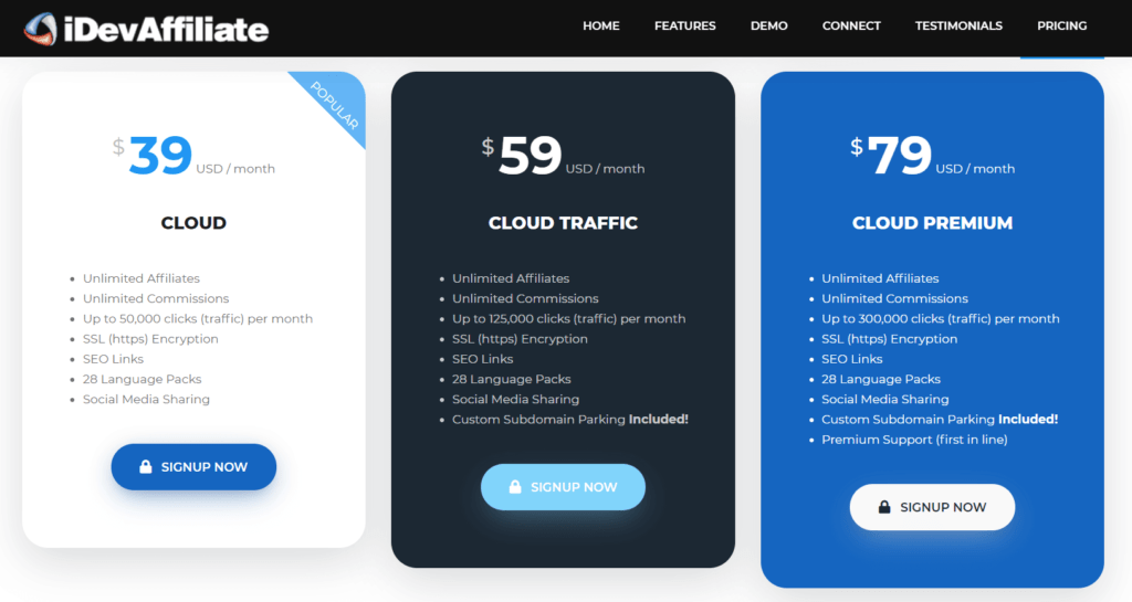 iDevAffiliate Cloud pricing plans