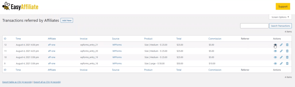 WPForms transactions recorded in the Easy Affiliate Dashboard 