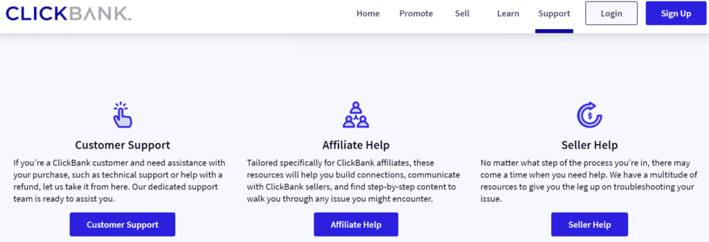 The Clickbank support page