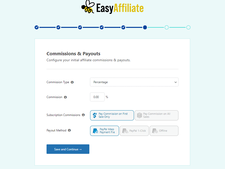 Step 6 in the Easy Affiliate setup wizard (the commissions & payouts setup screen)