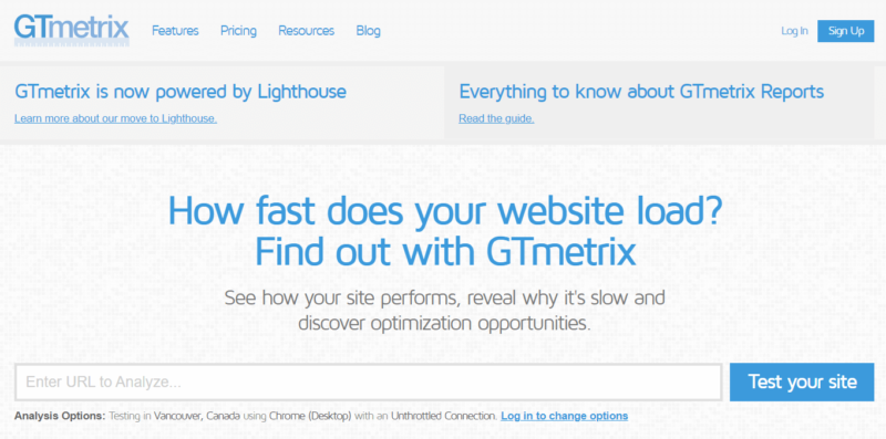 The home page for GTmetrix, a speed testing tool.