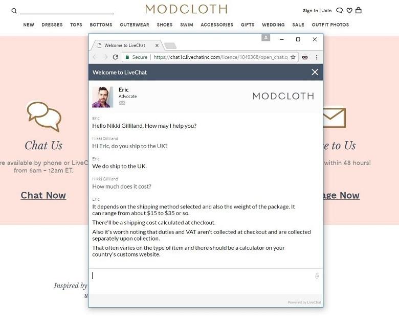 Live Chat Example ModCloth - 30 Customer Feedback Questions to Ask in 2022 (& Tools to Use)