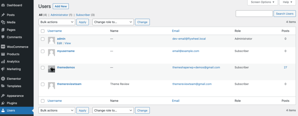 A selection of user accounts, in the WordPress dashboard. 