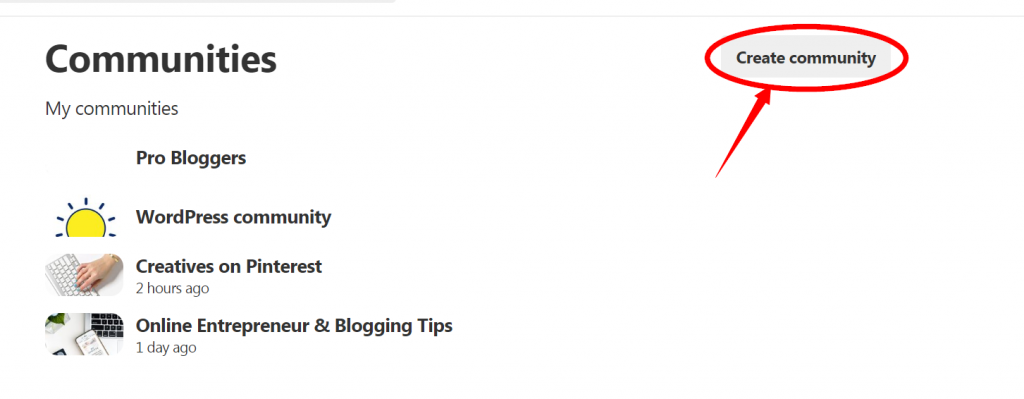 botão criar comunidade pinterest