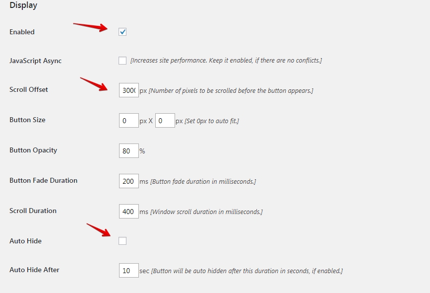 Настройки плагина WP scroll top