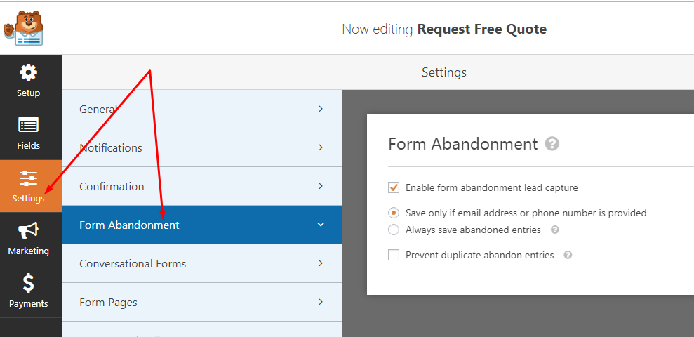 configuración de abandono de formulario