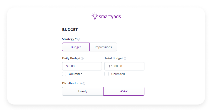 configuração de orçamento smartyads dsp