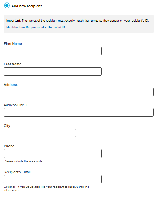 Formulario de destinatario de Xoom