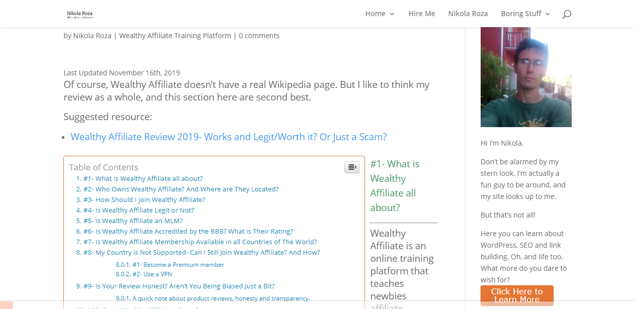 nikolaroza.com 上的 Wealthy Affiliate FAQ 頁面 - 有一個內容表