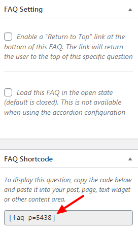 Copie el shortcode y otras configuraciones de preguntas frecuentes