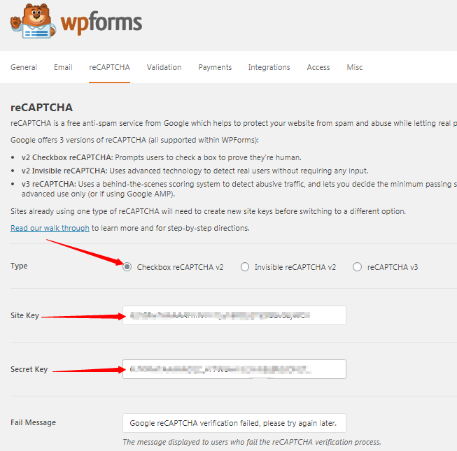 recaptcha in wpforms per wordpress