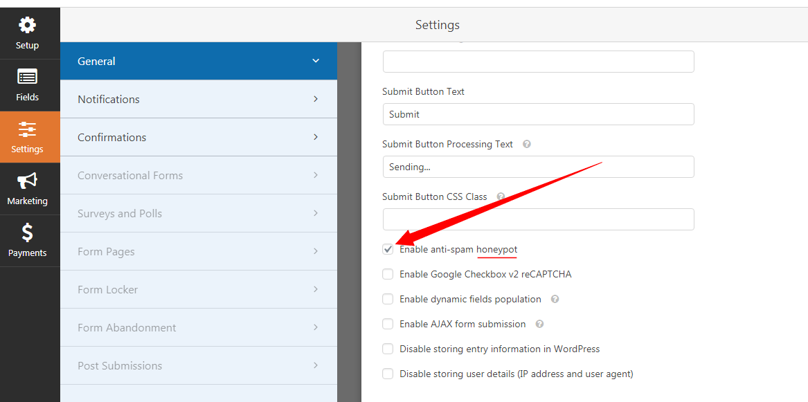 abilita honeypot antispam