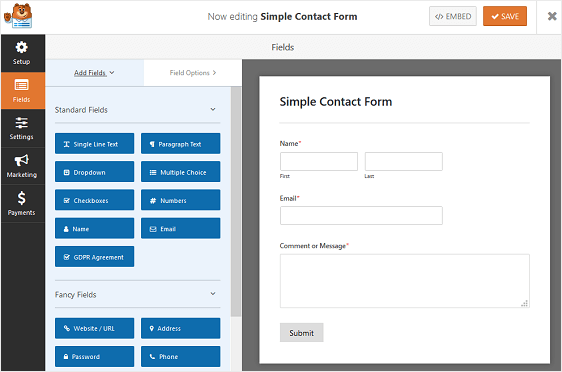 Formular simplu de contact wpforms