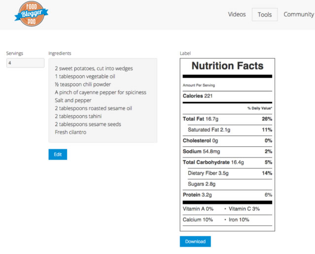 food blogger pro Generador de etiquetas nutricionales