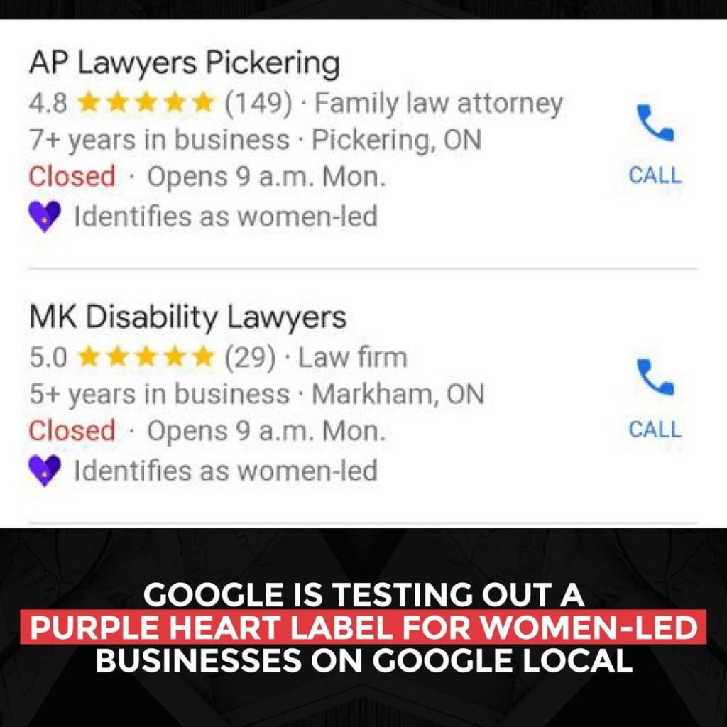 Google teste un label Purple Heart pour les entreprises dirigées par des femmes sur Google Local