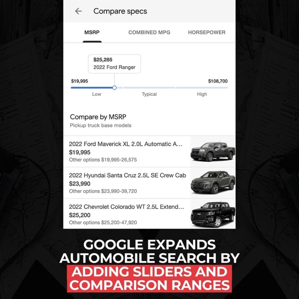 Google expands automobile search by adding sliders and comparison ranges