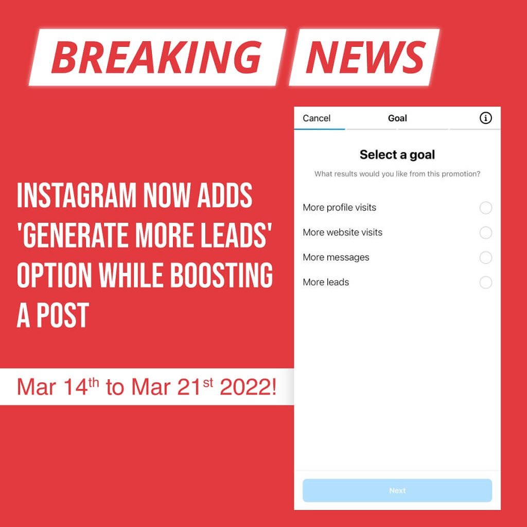 Instagram fügt jetzt die Option „Mehr Leads generieren“ hinzu, während es einen Beitrag fördert