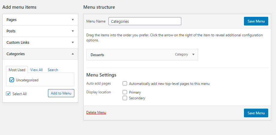 Configurações da estrutura do menu do Tema de Receita Gostosa