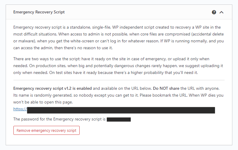 Seção de script de recuperação de emergência