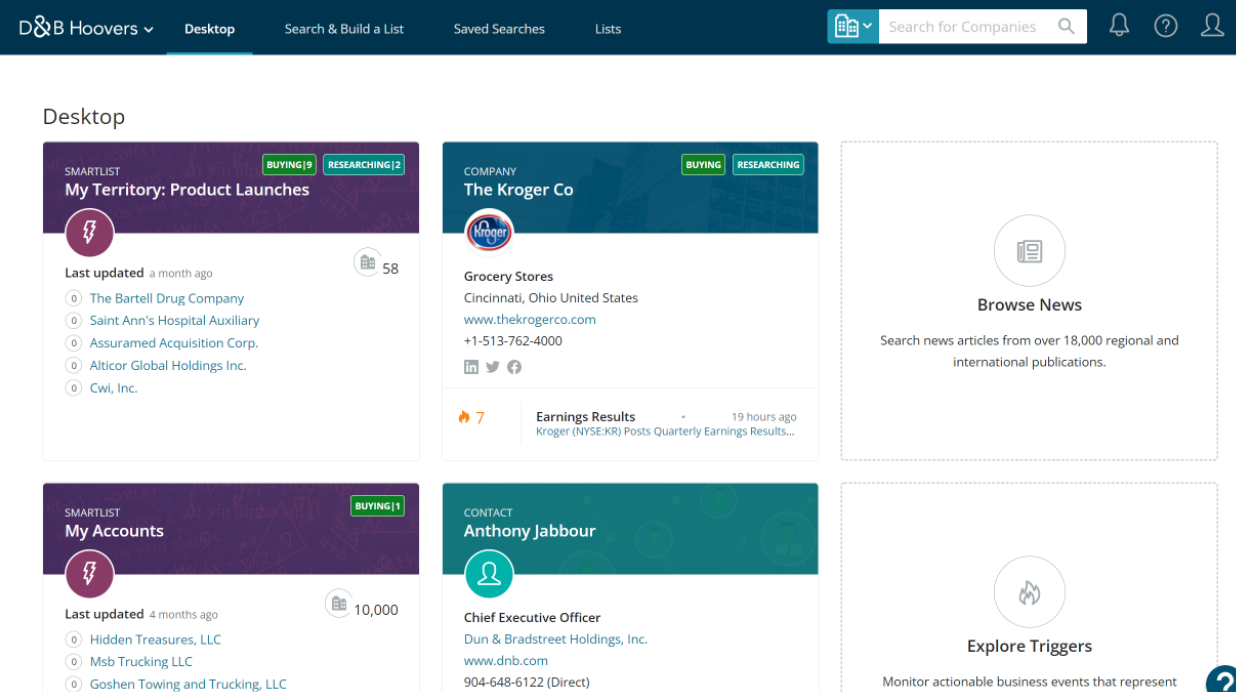 Vista previa de la pantalla de inicio personalizable de D&B Hoovers del software de compra de prospectos.