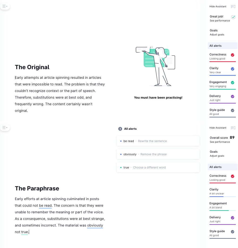 Capturas de tela do Grammarly comparando o parágrafo original com a versão parafraseada.