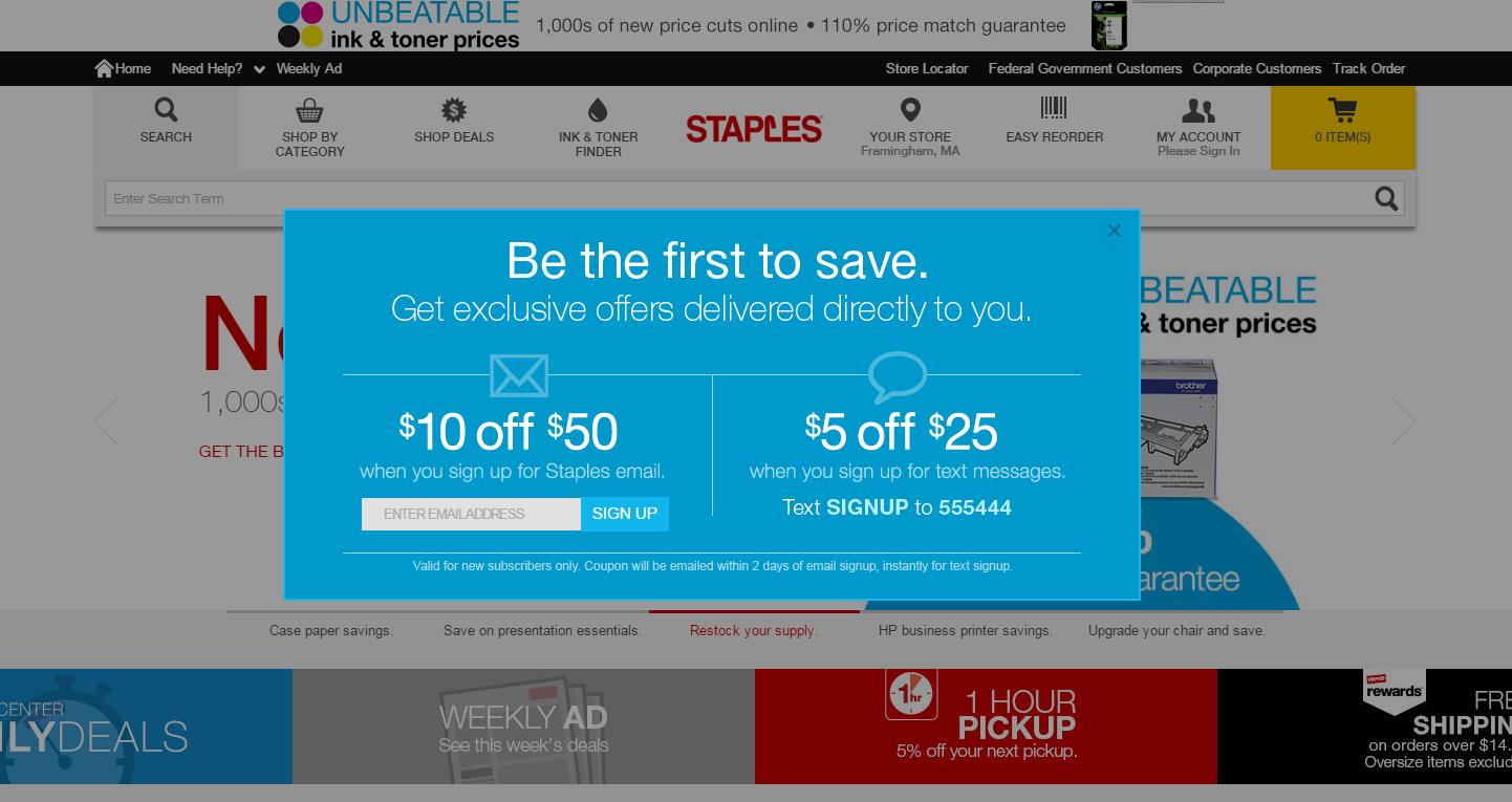 24 Staples coupon popup to get more subsribers - Ecommerce CRO Marketing Lessons from Ecommerce Giants