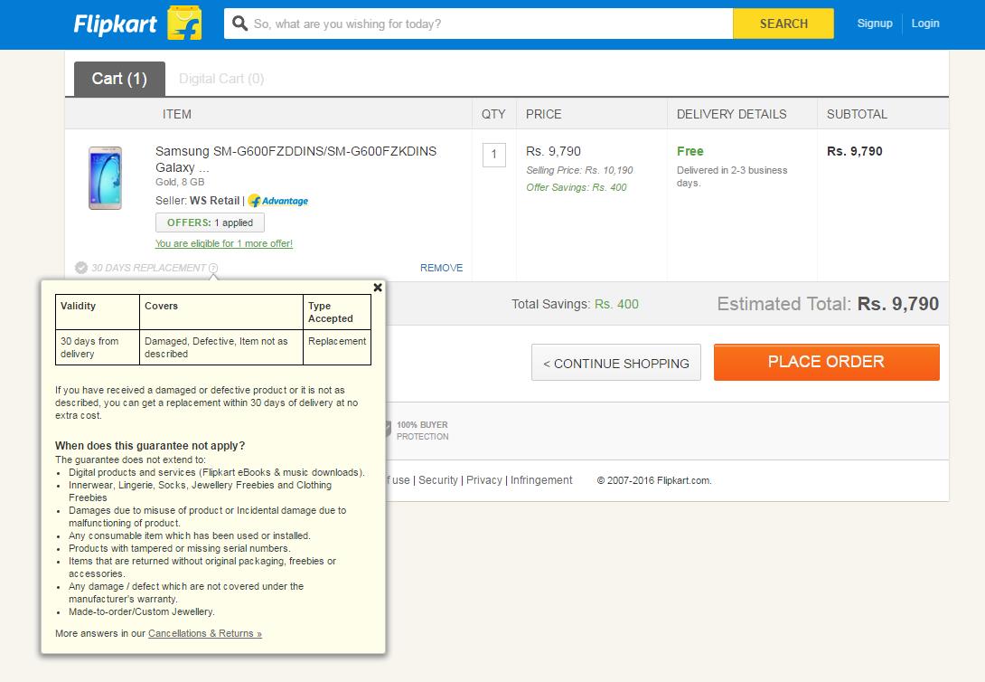 38 Flipkart detailed return policy on the cart page - Ecommerce CRO Marketing Lessons from Ecommerce Giants