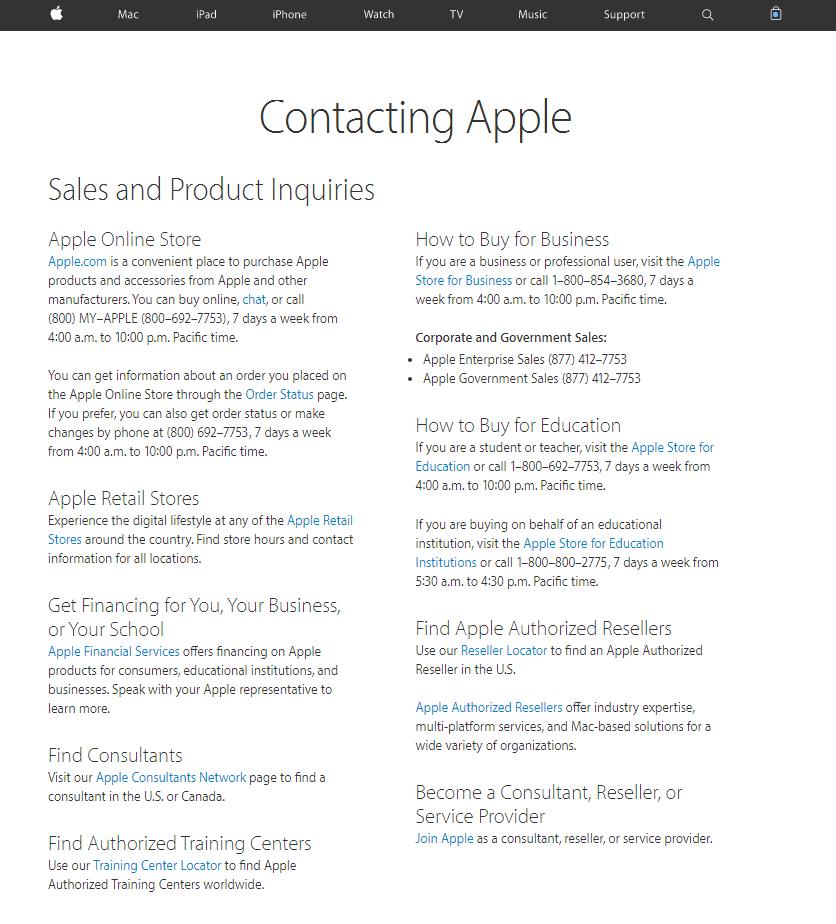 28 Apple contact page - Ecommerce CRO Marketing Lessons from Ecommerce Giants