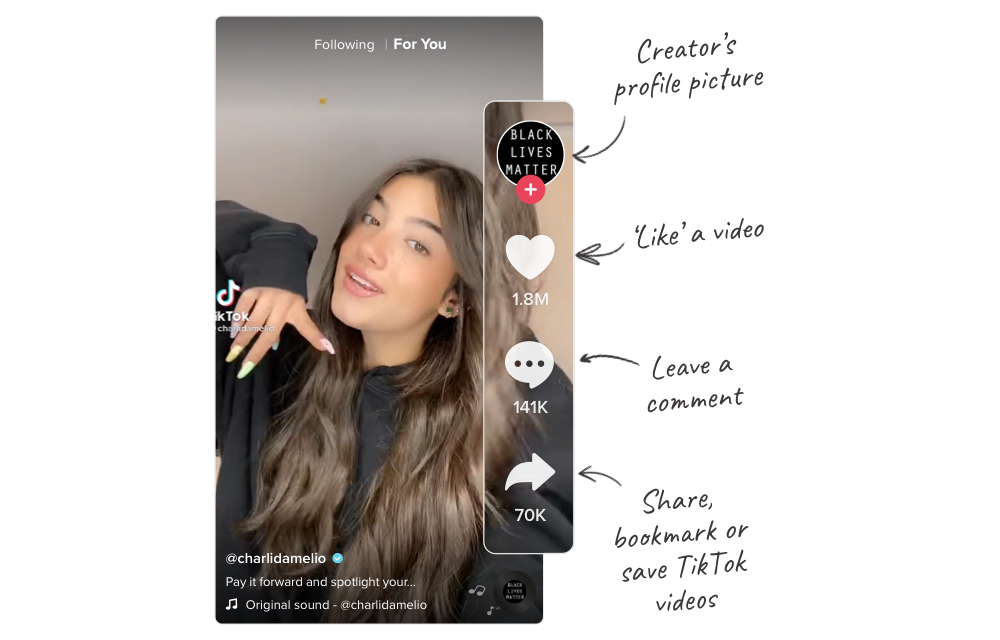 สกรีนช็อตของ TikTok ที่เน้นรูปโปรไฟล์ ปุ่มหัวใจ ปุ่มแสดงความคิดเห็น และปุ่มแชร์