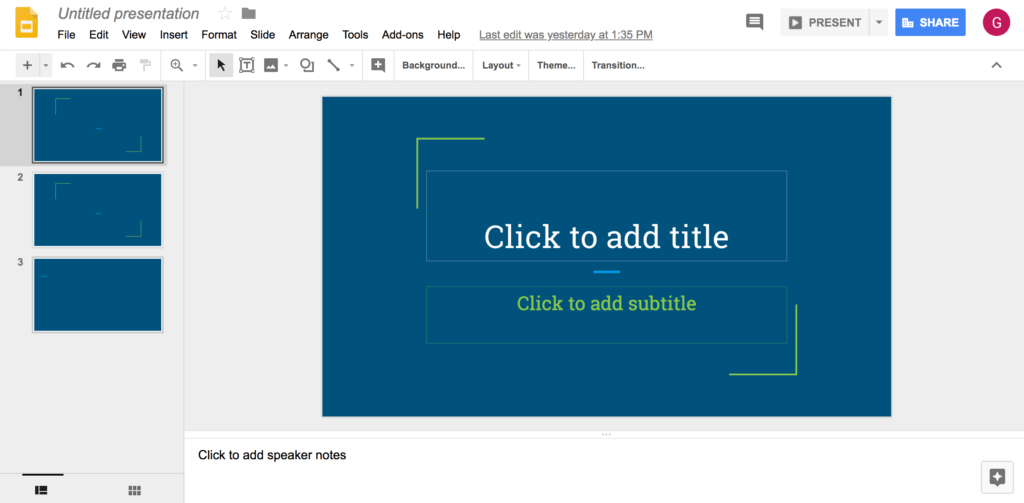 สกรีนช็อตของ UI ของ Google สไลด์ ทางเลือก powerpoint