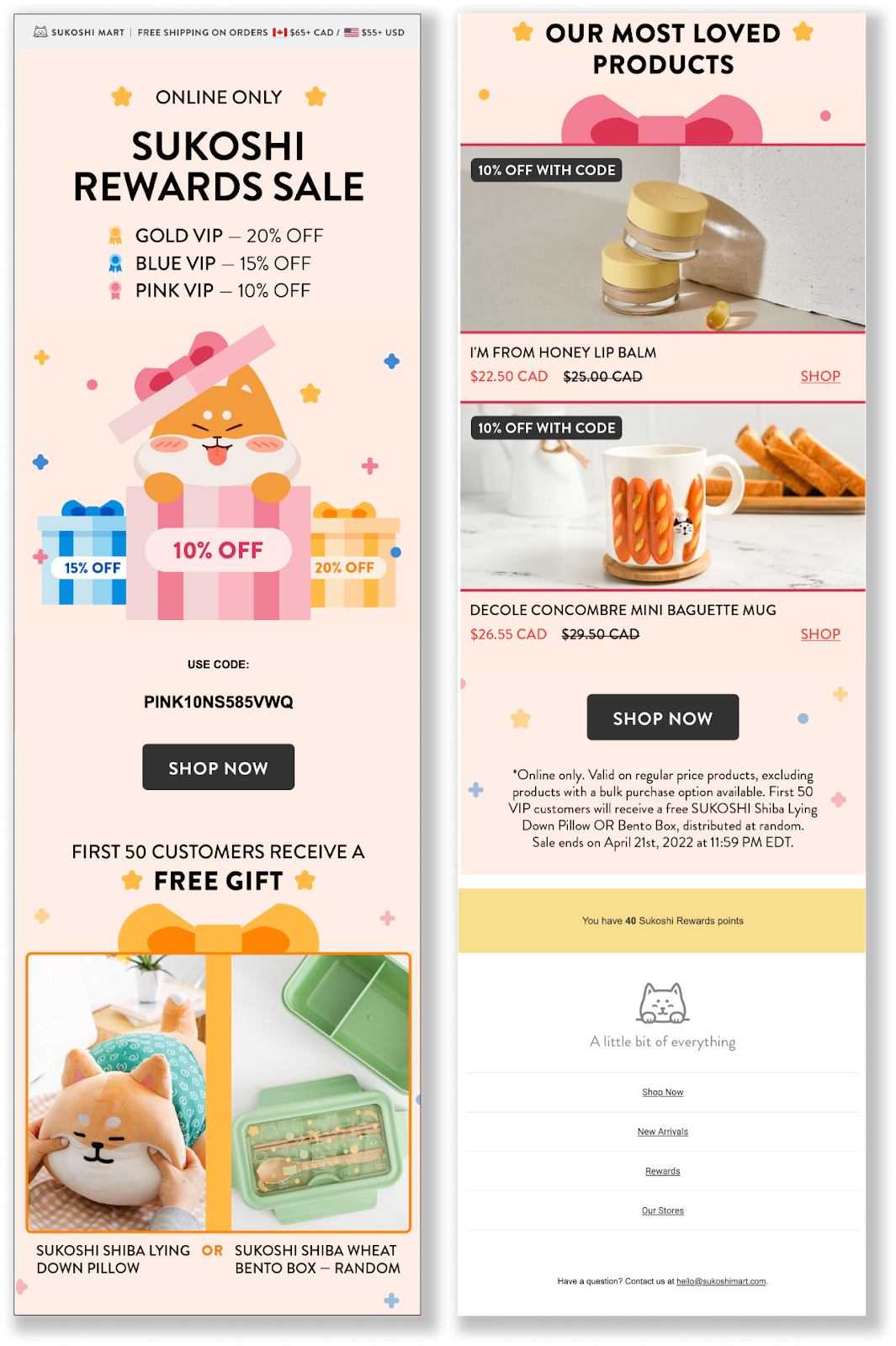 Meilleurs exemples d'e-mails du programme de fidélité - Une capture d'écran de la vente de récompenses Sukoshi Mart de Sukoshi Mart. L'e-mail est sur la marque avec un fond rose clair et des icônes de chat animées, correspondant à leur image de marque. Le texte se lit comme suit : "Gold VIP - 20 % de réduction, Blue VIP - 15 % de réduction, Pink VIP - 10 % de réduction".
