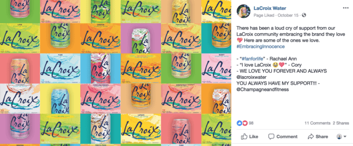 Post na Instagramie od LaCroix podczas ostatniego kryzysu PR