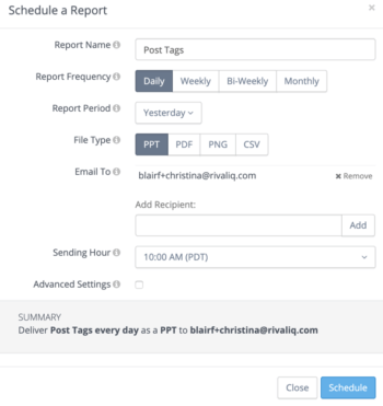 Toutes les options que vous pouvez basculer pour un rapport programmé personnalisé avec le balisage des publications