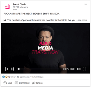 captura de tela da postagem do Social Chains no LinkedIn contendo um vídeo