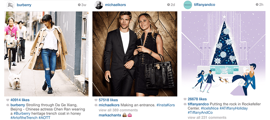 โพสต์บน Instagram จากแบรนด์แฟชั่นสามแบรนด์ (Burberry, Michael Kors, Tiffany and Co.) จัดแสดงแนวทางปฏิบัติที่ดีที่สุดสำหรับแฮชแท็ก Instagram