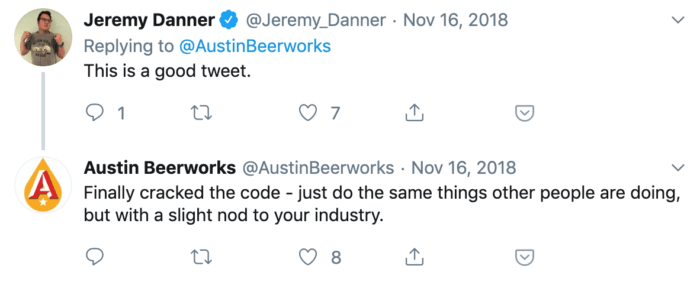 Resposta do Twitter da Austin Beerworks a um tweet de cortesia de um fã.