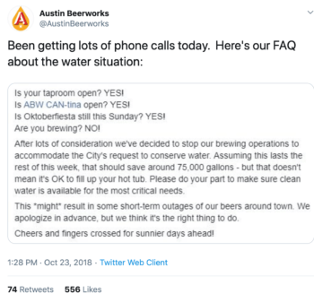 Tweet d'Austin Beerworks sur leur réponse à une pénurie d'eau à Austin