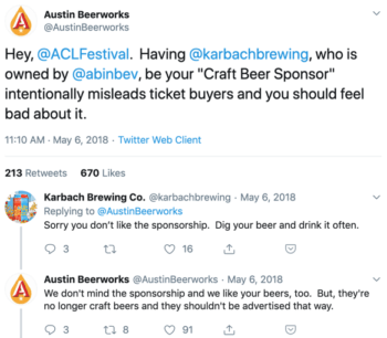 来自 Austin Beerworks 的推文呼吁 Austin City Limits 为其赞助等级