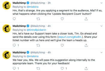 La marque B2B Mailchimp répond aux demandes et aux frustrations des clients sur Twitter