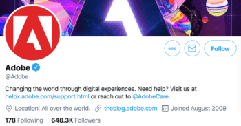 La biographie Twitter de la marque B2B d'Adobe contient un lien vers @Adobecare illustré ici