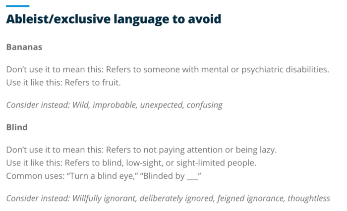 Beispiele für ableistische/exklusive Sprache, die vermieden werden sollte, einschließlich „Bananen“ und „Blind“