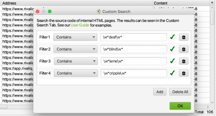 Esempio di query di ricerca personalizzata per il controllo linguistico inclusivo in Screaming Frog