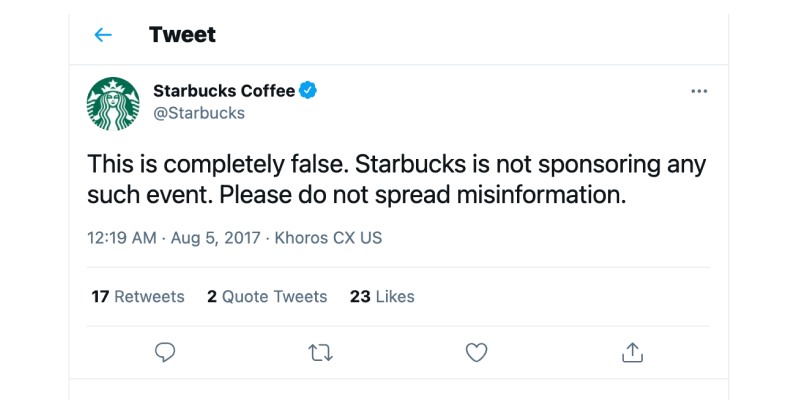 Твит Starbucks о ложной кампании