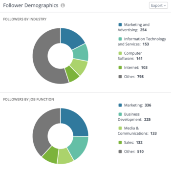 Grafici a torta codificati a colori con suddivisioni demografiche dei follower per settore e funzione lavorativa