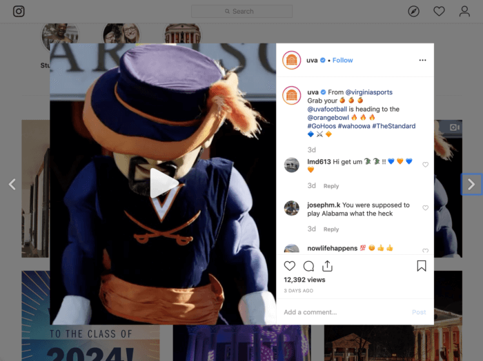 منشور Instagram من UVA يعرض التميمة الخاصة بهم متوجهة إلى Orange Bowl