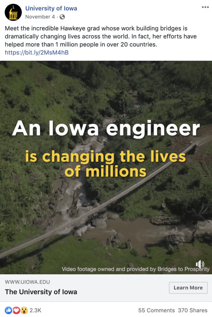 Publicación de Facebook de la Universidad de Iowa que muestra a graduados que están haciendo el bien en el mundo para ayudar con el reclutamiento universitario