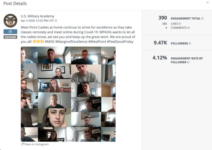 Ten post na Instagramie z West Point zawiera podnoszącą na duchu wiadomość i kafelkowy obraz wielu kadetów z West Point.