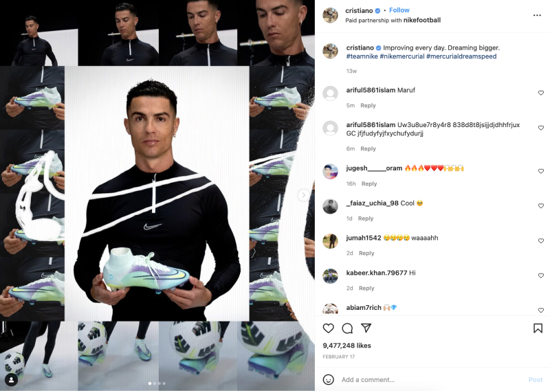 Colaboración de Ronaldo con nike en Instagram