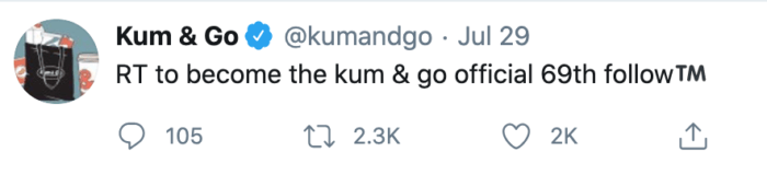 Le tweet humoristique de Kum and Go encourageant les suivis est l'un des meilleurs marketing de dépanneur de l'année