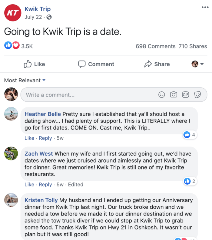 Postagem no Facebook da Kwik Trip incentivando os seguidores a postar sobre datas na Kwik Trip